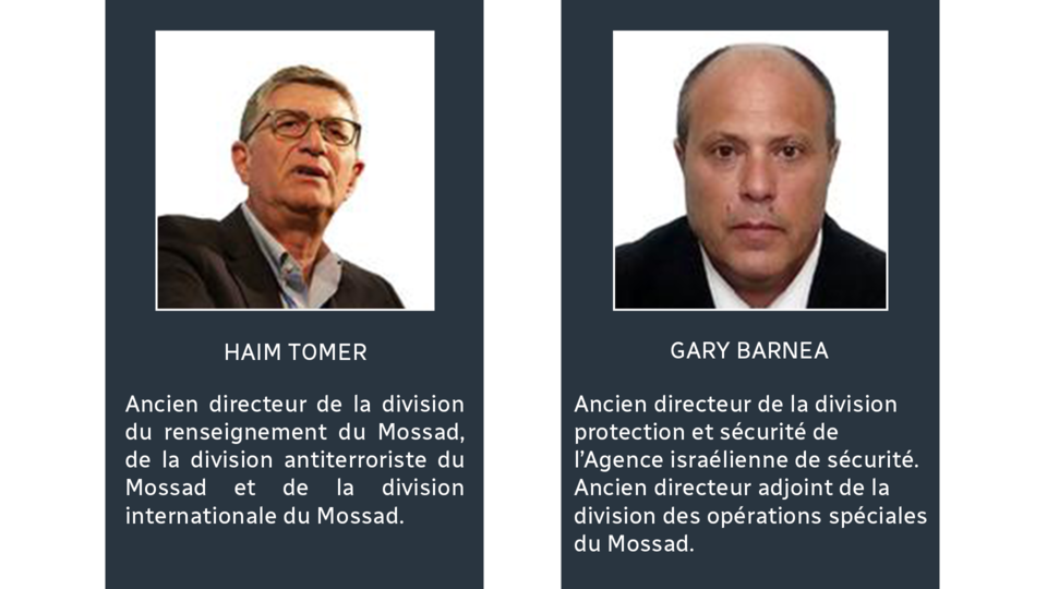 Haim Tomer, ancien directeur du Mossad et Gary Barnea, ancien directeur de l'Agence israélienne de sécurité.