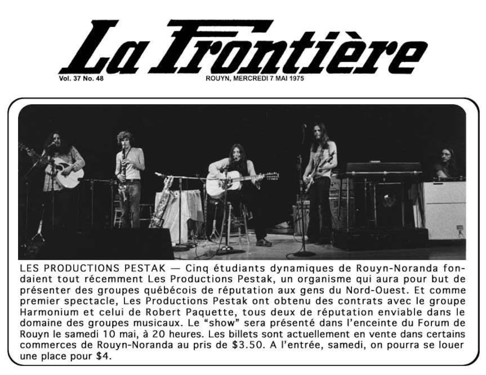 Une publicité précédant le spectacle d'Harmonium à Rouyn en 1975