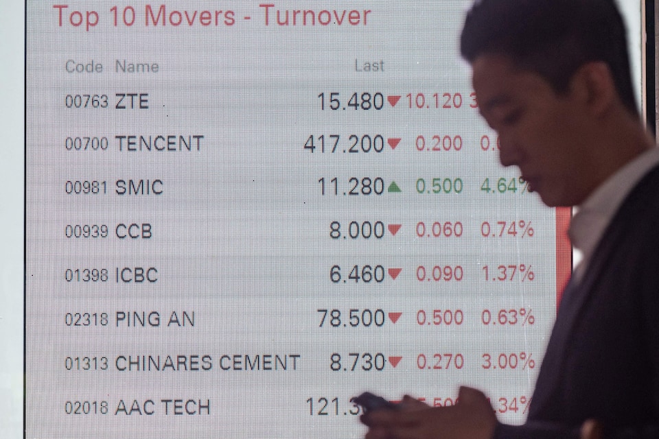 Un homme passe devant un écran présentant la valeur de différentes actions boursières, dont celle de ZTE.