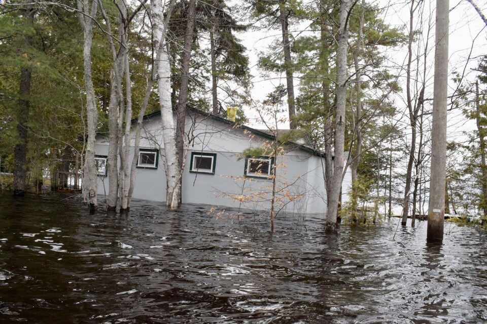 Chalet inondé retenu par les arbres à Princess Park, dans la région de Grand Lake au Nouveau-Brunswick, le 28 avril 2019.