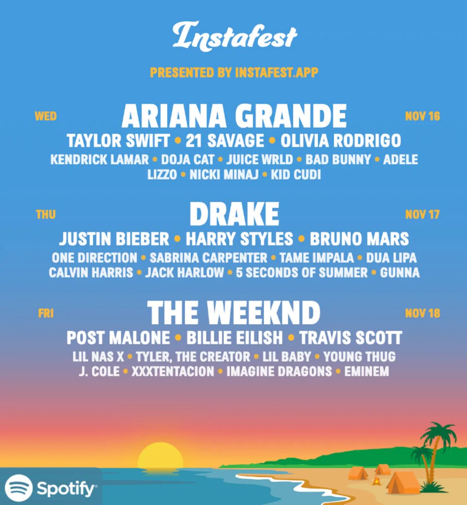 Une affiche de festival fictive, avec des artistes comme Drake, The Weeknd et Ariana Grande. 