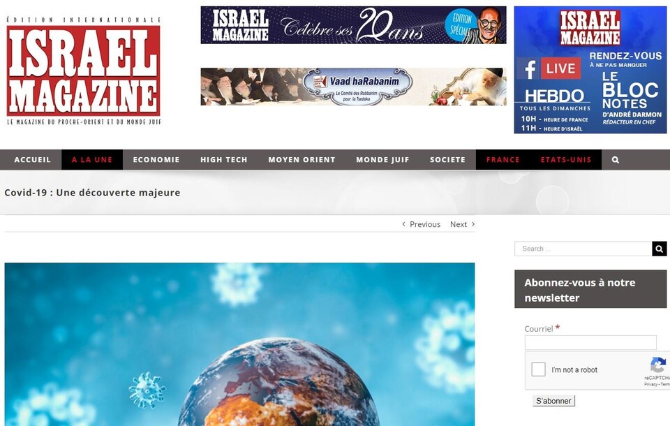 Capture d'écran de l'article "Covid-19 : une découverte majeure" du site Israël Magazine.