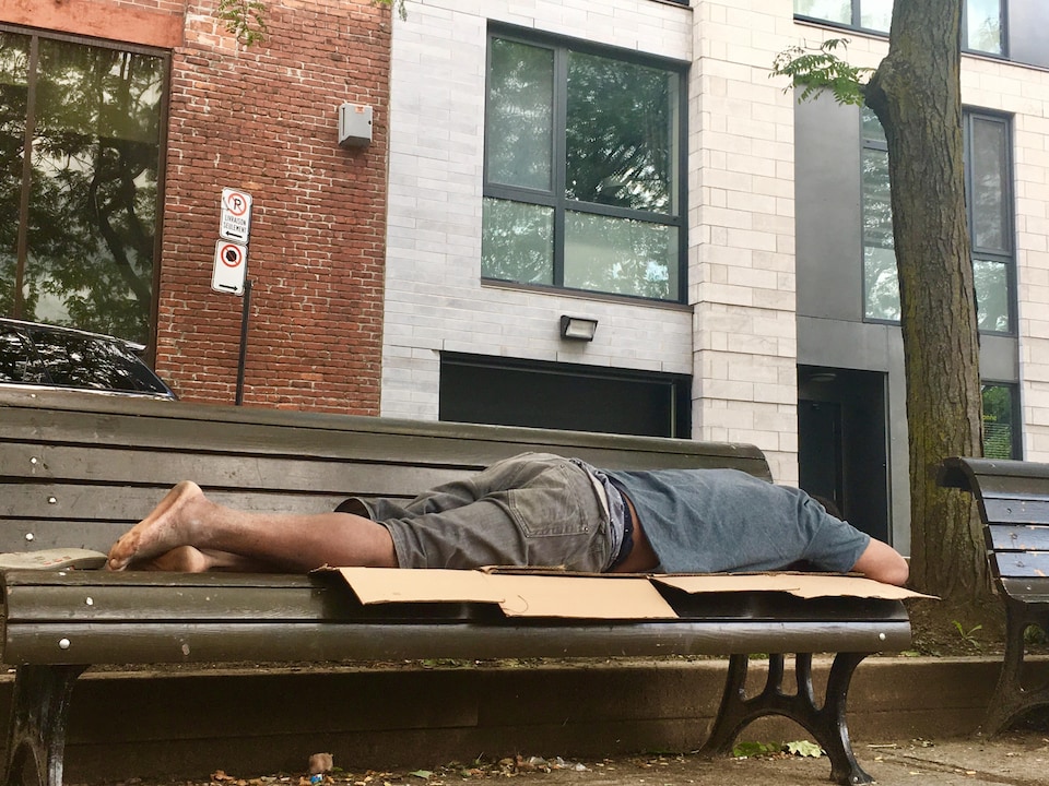 Un homme sans-abri dort en plein jour sur un banc, dans un quartier touristique du Vieux-Port de Montréal.