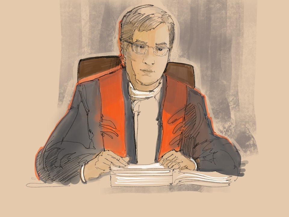 Dessin : Le juge François Huot explique son jugement.