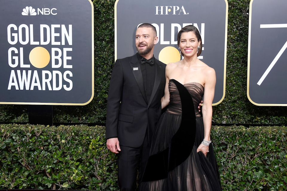 Le chanteur Justin Timberlake et l'actrice Jessica Biel sur le tapis rouge des Golden Globes, le 7 janvier 2018.