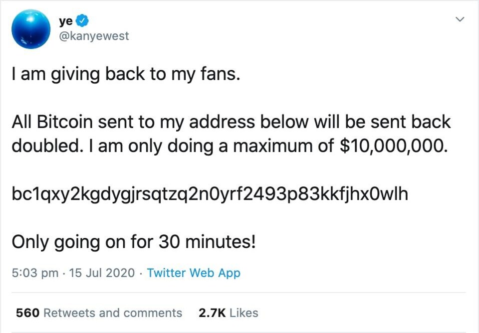 Un tweet de Kanye West qui dit, en anglais, qu'il remettra à toute personne qui lui envoie de l'argent à une adresse bitcoin le double de la somme versée.