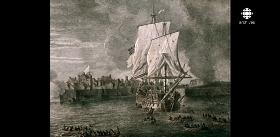 Aperçu d'un tableau représentant un navire de guerre devant Louisbourg en fumée.