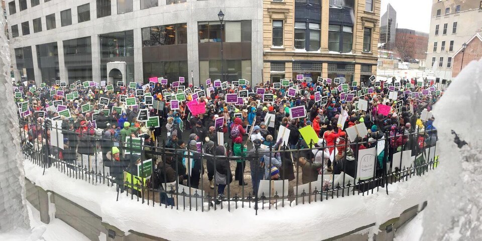Des centaines de personnes rassemblées brandissent des pancartes, en hiver.