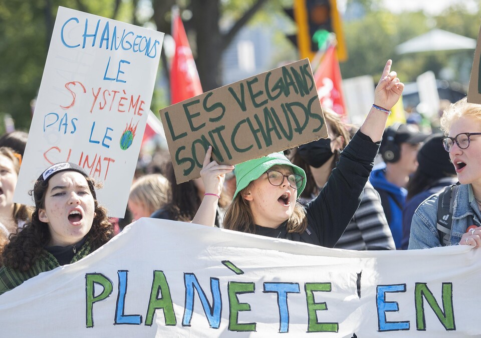 De jeunes femmes manifestent en brandissant des pancartes sur lesquelles on peut lire notamment : « Changeons le système, pas le climat » et « Les vegans sont chauds ».