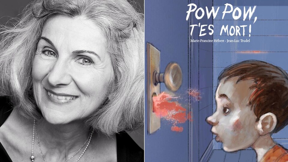 Montage photo d'un portrait de l'auteure Marie-Francine Hébert et de la couverture de son livre « Pow pow, t'es mort » sur laquelle est dessiné un garçon qui regarde par le trou d'une serrure d'où jaillit du sang. 