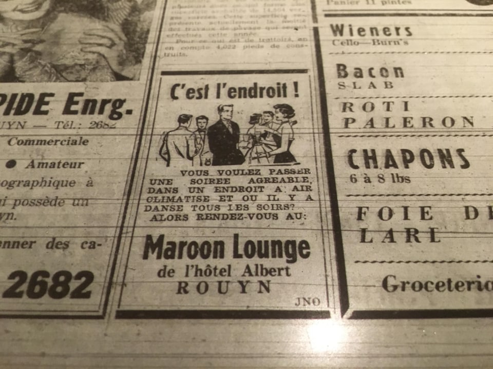 Publicité du Maroon Lounge, à Rouyn-Noranda, au cours de l'été 1956, probablement alors que le Pee Wee Carter Trio s'y produisait