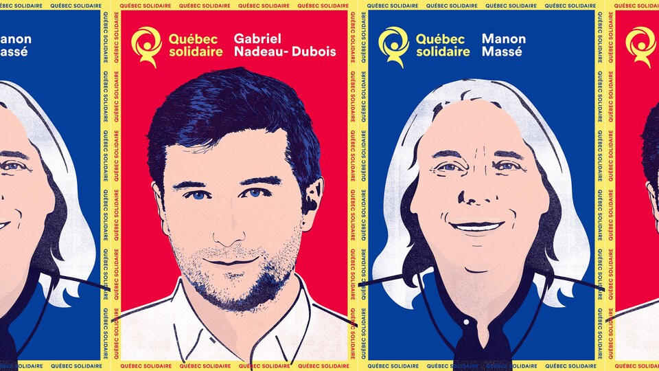 Des affiches électorales bleues et rouges représentant Manon Massé et Gabriel Nadeau-Dubois. 