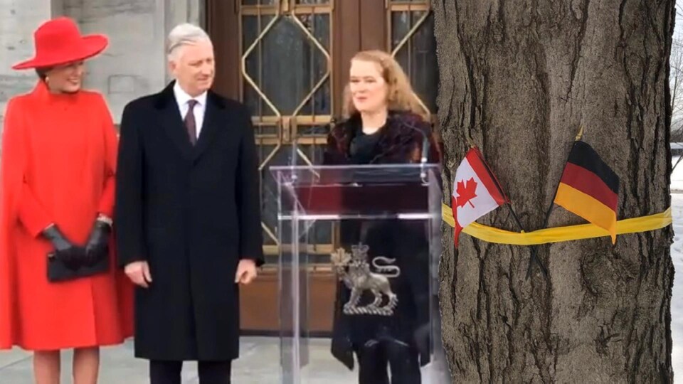 Julie Payette parle aux journalistes en compagnie du couple royal belge.