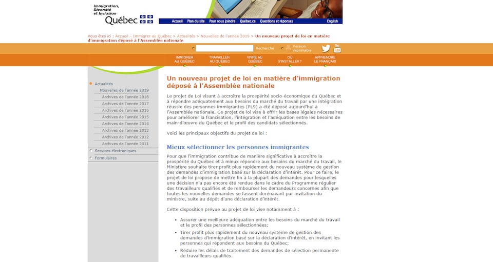 Une capture d'écran de la page web du Ministère de l'Immigration, Diversité et Inclusion