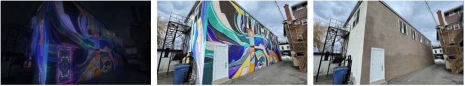 Trois photos d'un même bâtiment, deux photos montrent des murs colorés.