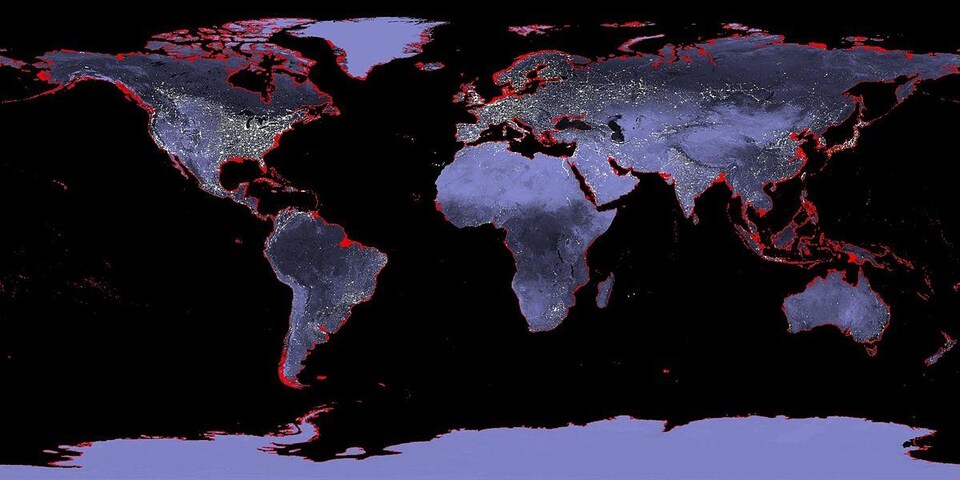 Cette image montre en rouge les régions qui disparaissent sous les eaux si le niveau des océans monte de 6 mètres.