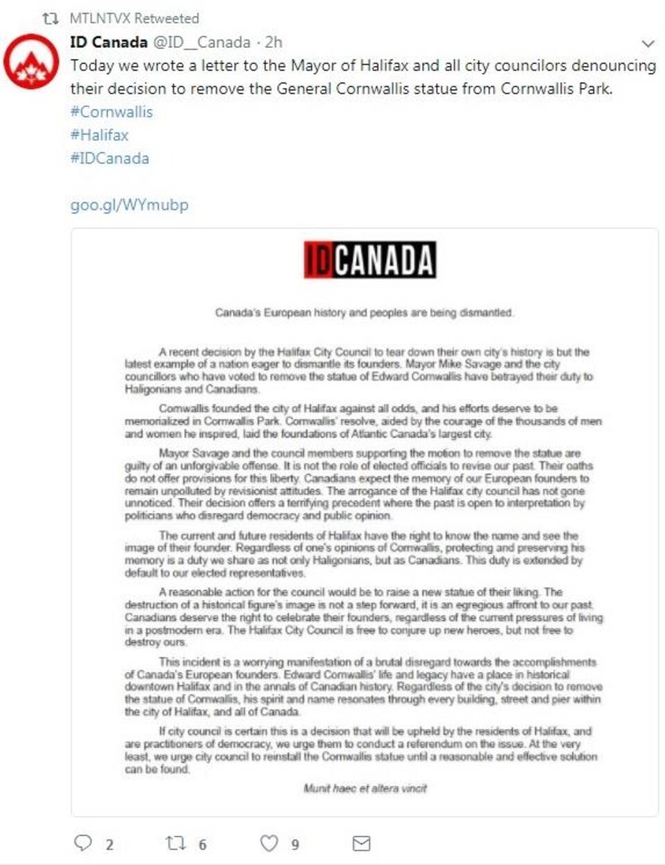 ID Canada a écrit au conseil municipal pour dénoncer le retrait de la statue d'Edward Cornwallis d'un parc d'Halifax. 