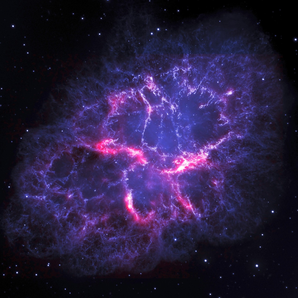 La nébuleuse du Crabe, dans notre galaxie, est constituée de la matière éjectée lors d'une supernova.