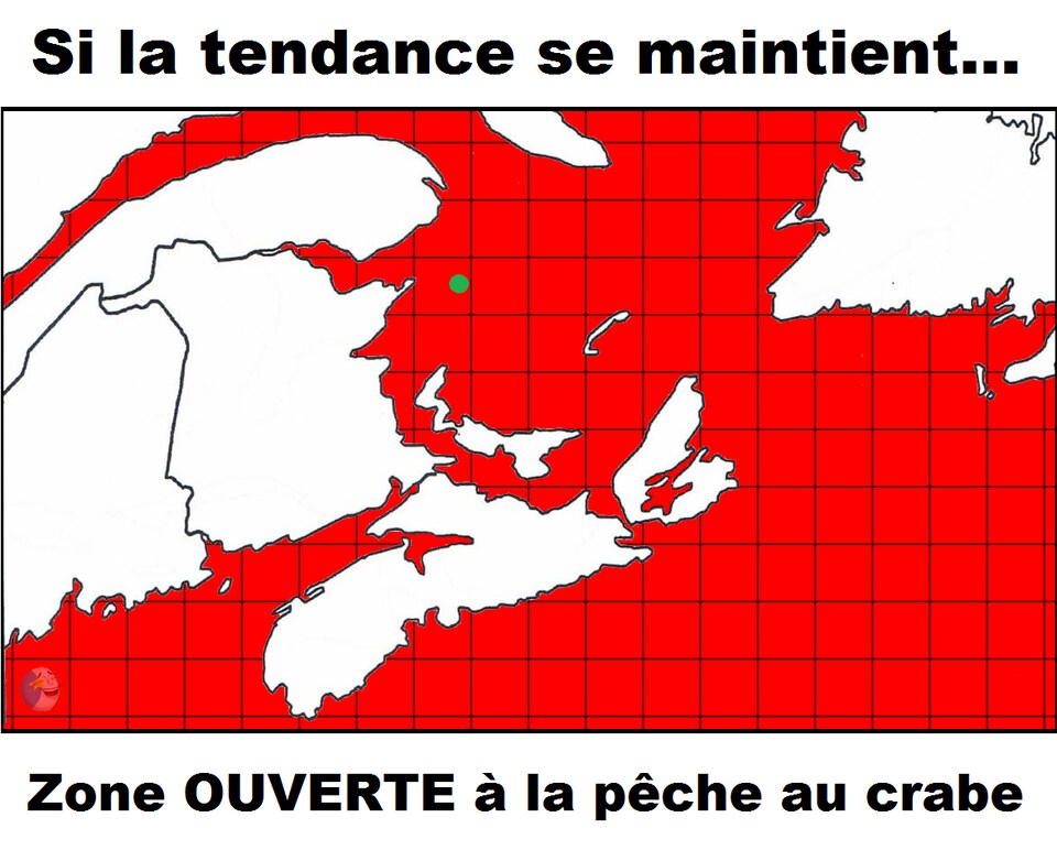 Une carte de la région des Maritimes indique que toutes les zones de pêche sont fermées, à l'exception d'un petit point en vert. Il est indiqué : « Si la tendance se maintient... Zone ouverte à la pêche au crabe ».