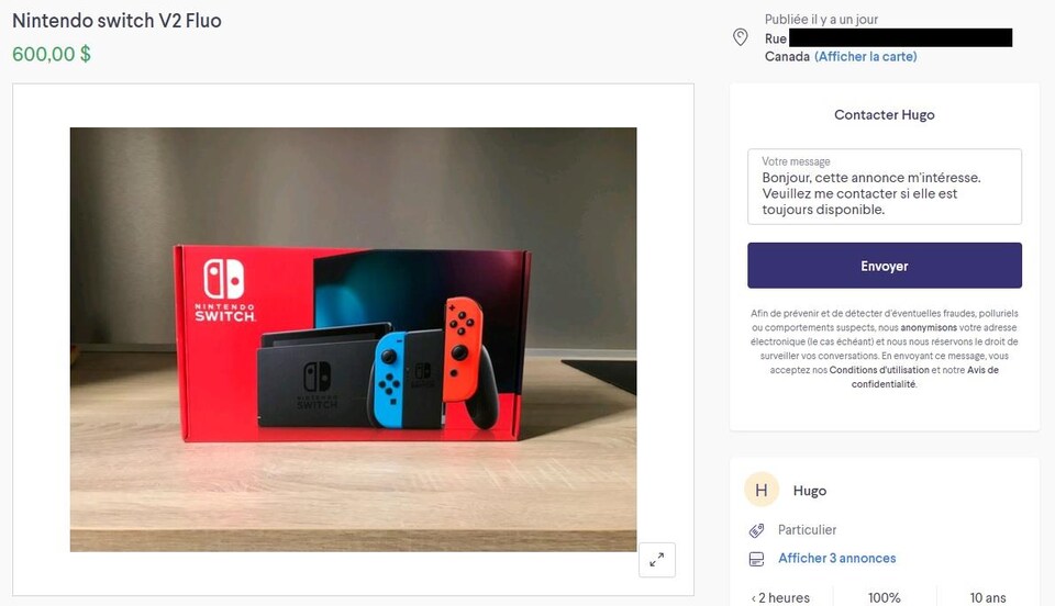 Capture d'écran d'une annonce Kijiji pour une Nintendo Switch vendue à 600 $. 