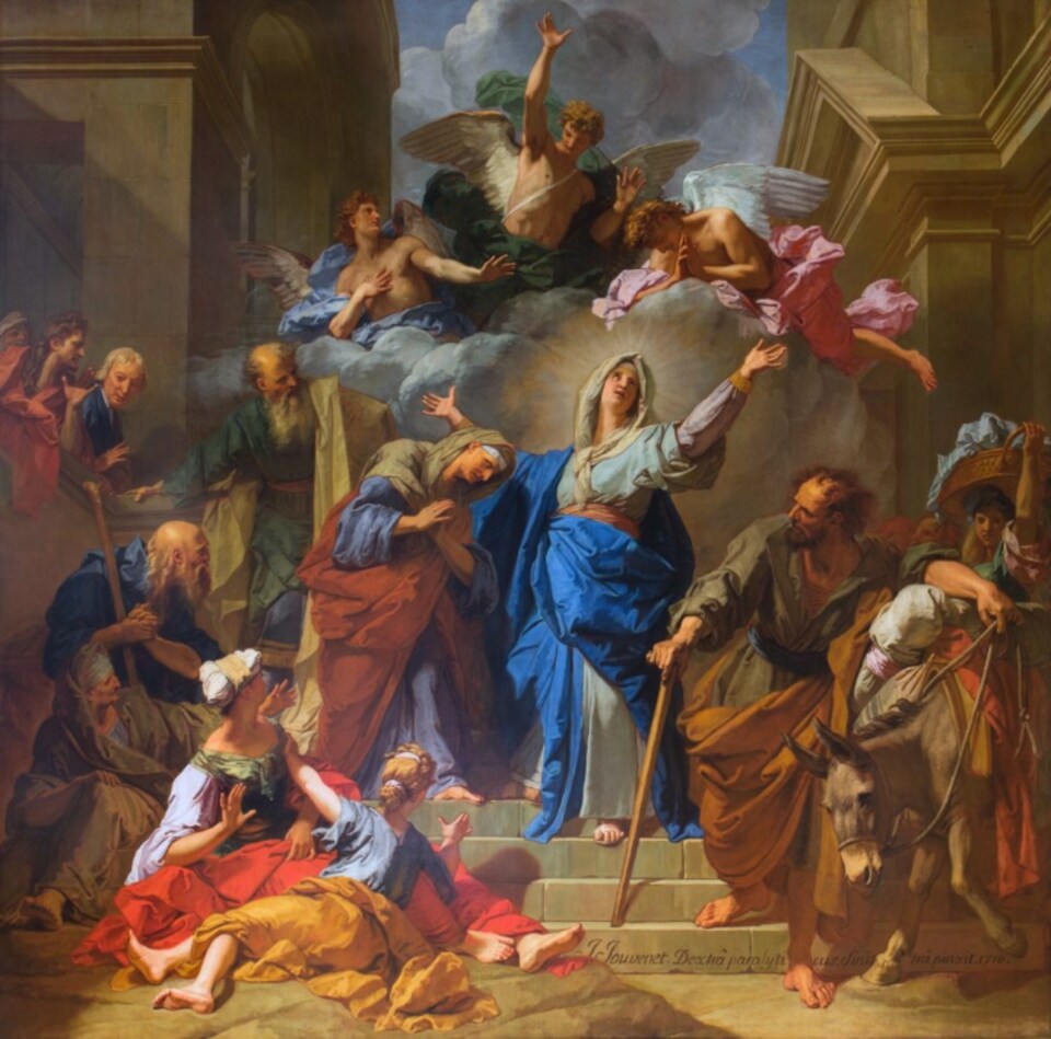La Vierge, debout sur les dernières marches, lève les yeux au ciel, entourée de plusieurs personnages, dont sa cousine Élisabeth.