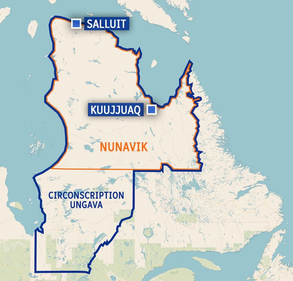 Carte du Québec avec la délimitation pour la circonscription d'Ungava. 