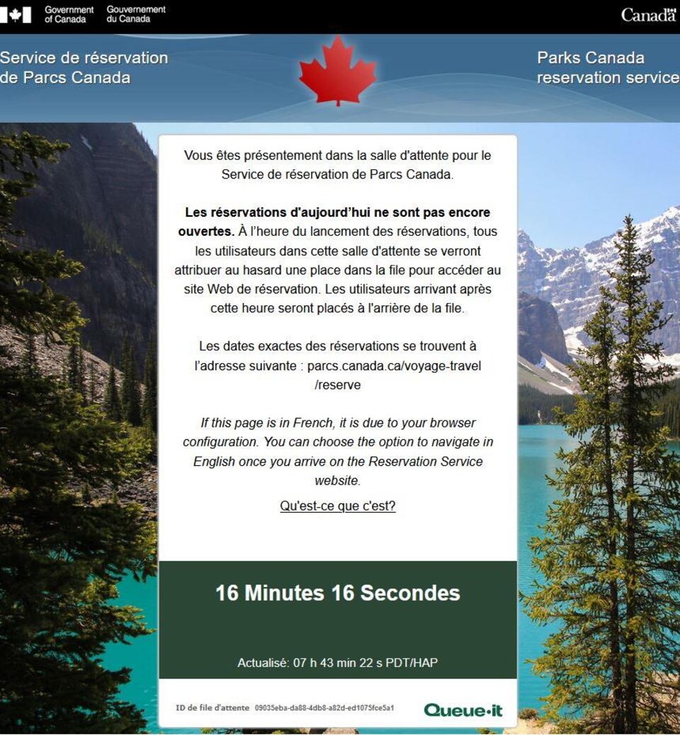 Page web de la file d'attente où il est écrit, notamment : 16 minutes, 16 secondes.