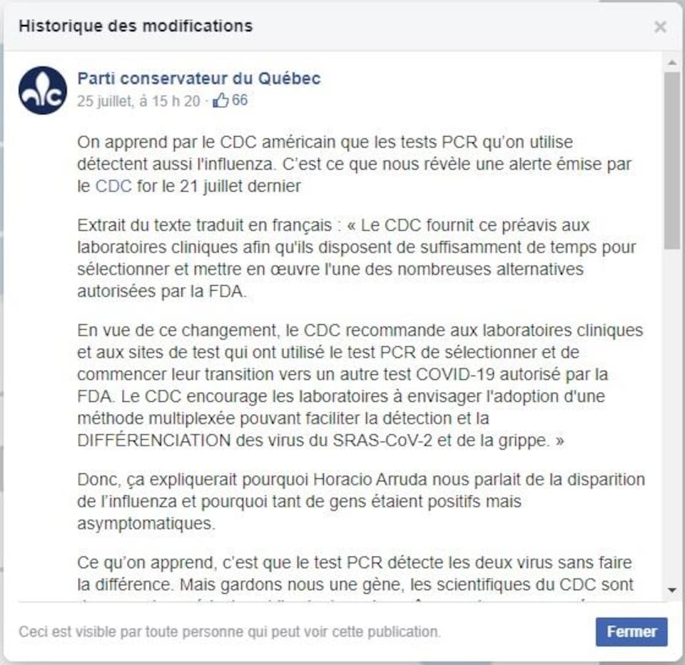 Capture d'écran d'une publication Facebook du Parti conservateur du Québec.