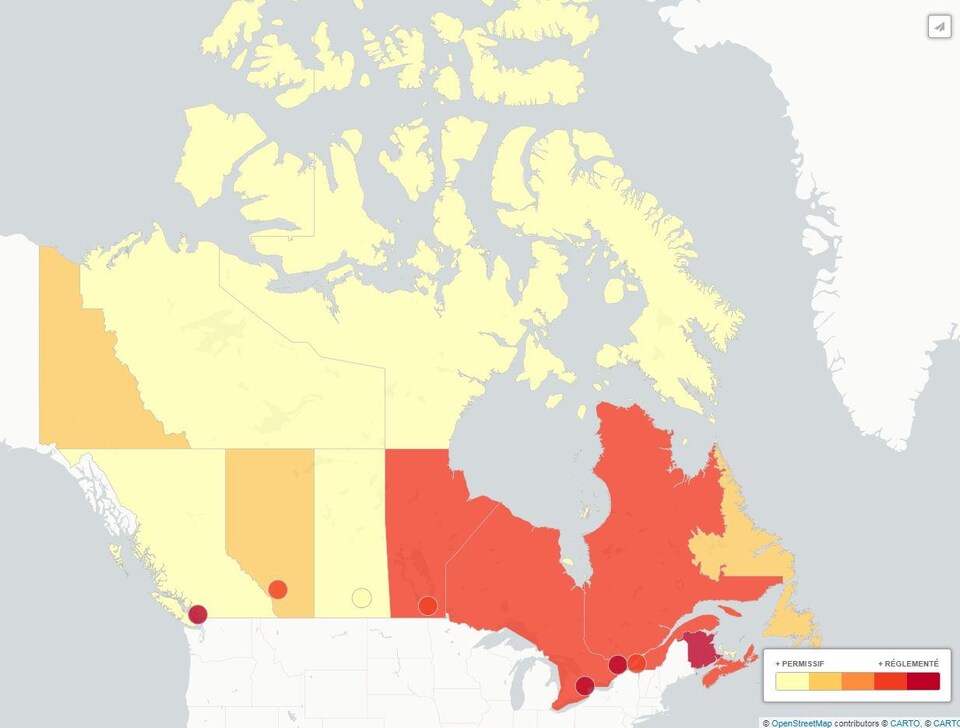 Carte du Canada montrant la sévérité des provinces envers la consommation de tabac dans les lieux publics.