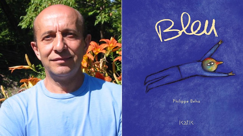 Montage d'un portrait de l'auteur et illustrateur Philippe Béha à côté de la couverture de son livre « Bleu » qui représente un personnage à tête d'oiseau volant sur fond bleu. 