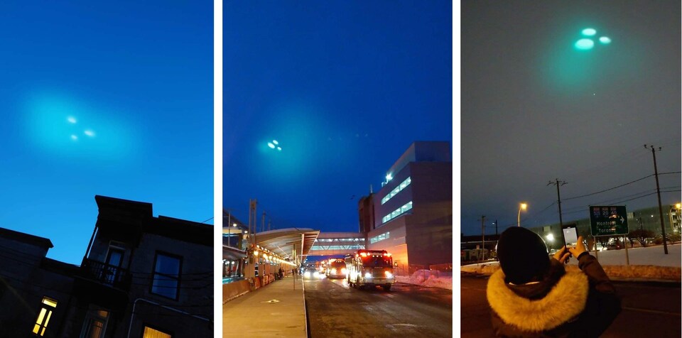 Trois photos de points de lumière dans le ciel à différents endroits à Montréal.