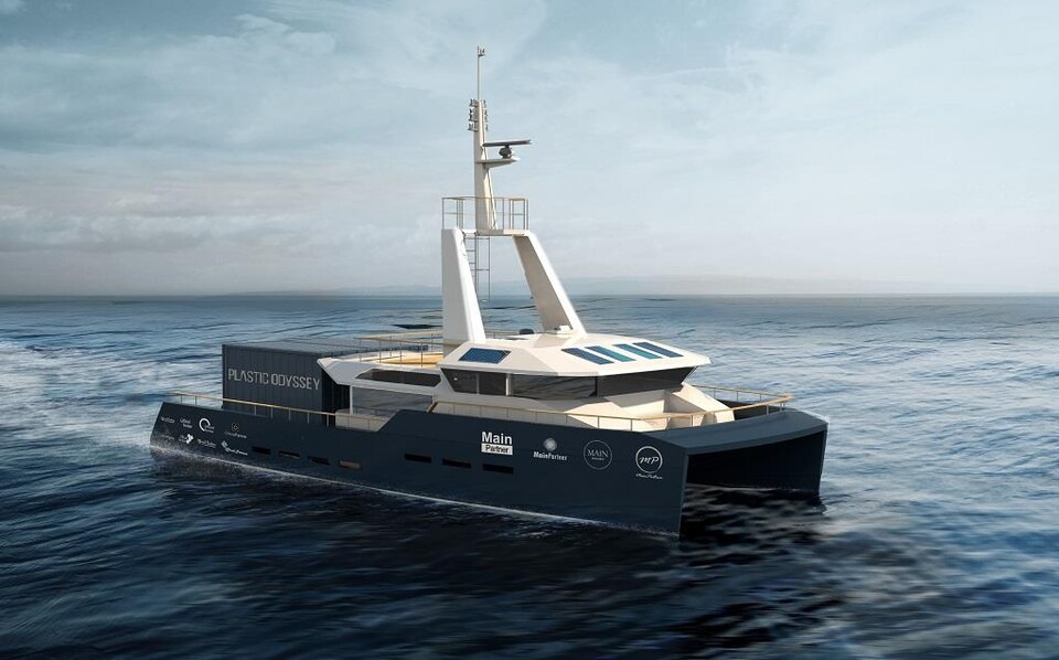 Un bateau de type catamaran sera utilisé par l'équipe Plastic Odyssey d'ici 2020 pour tenter de nettoyer une partie de la pollution par le plastique des océans.  