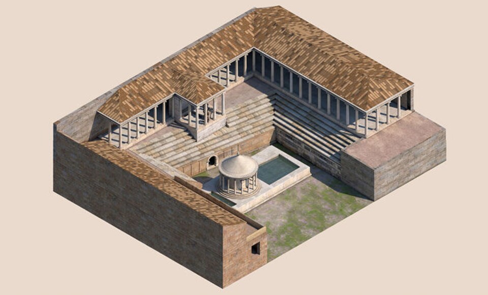 Reconstitution d'un temple romain avec une porte des Enfers