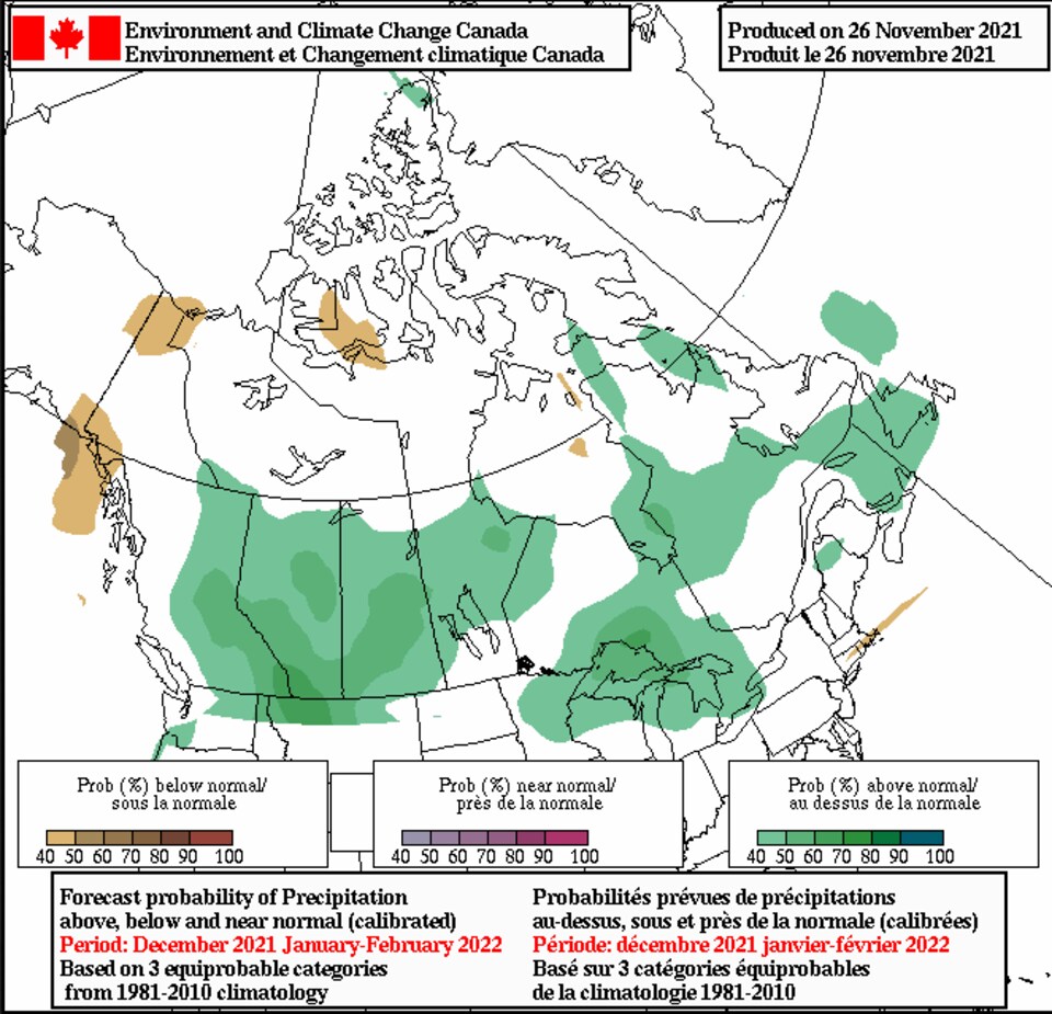 Les précipitations prévues de décembre à février par Environnement Canada.