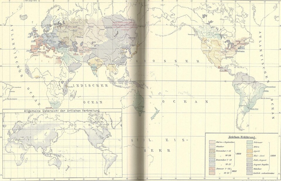 On voit une carte du monde avec des zones hachurées ou pointillées en couleur montrant la propagation du virus sur les 5 continents.