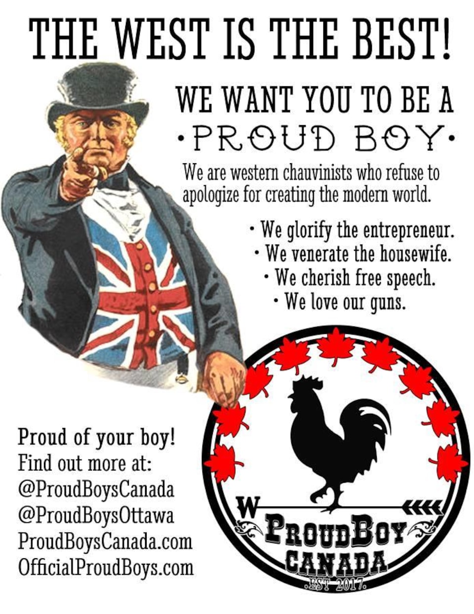 Affiche tirée de la page Facebook des Proud Boys canadiens.