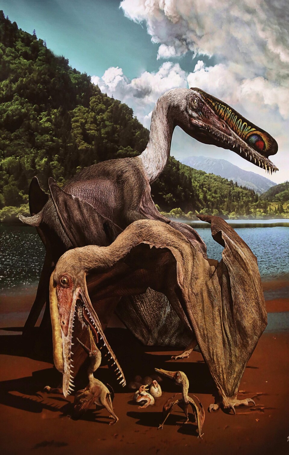 Représentation artistique d'une famille de ptérosaures