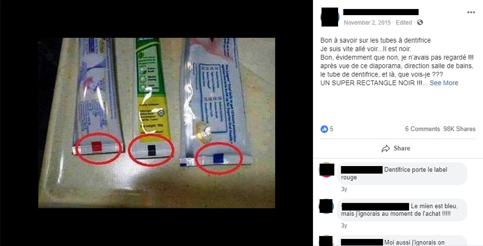 Capture d'écran d'une publication Facebook qui prétend que le rectangle de couleur au bas des tubes de dentifrice indique leur composition. 