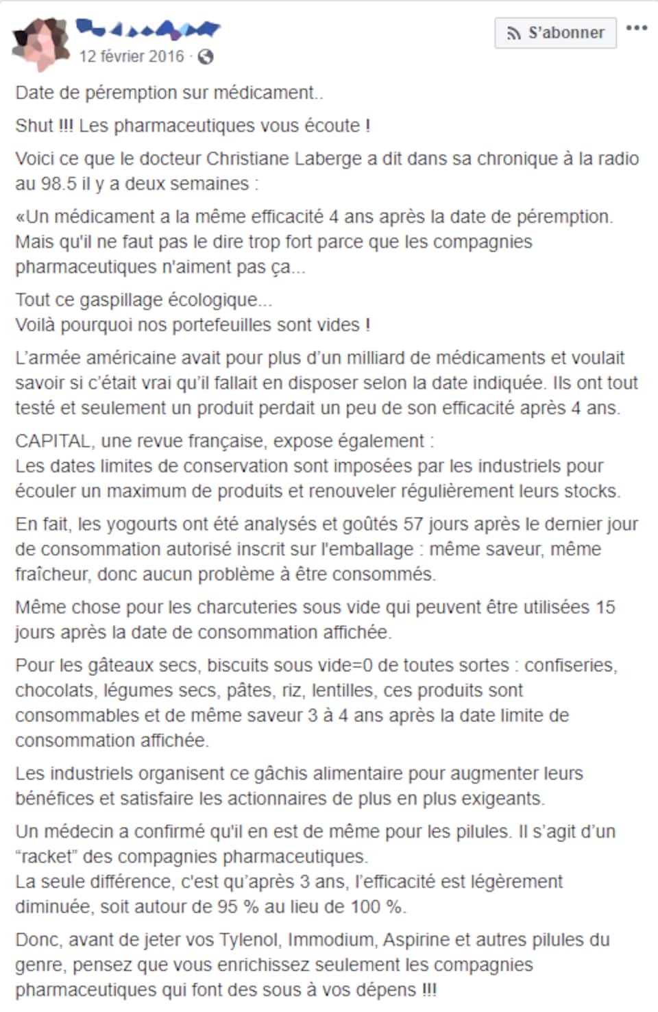 Un texte Facebook qui parle de dates de péremption de médicaments et d'aliments.