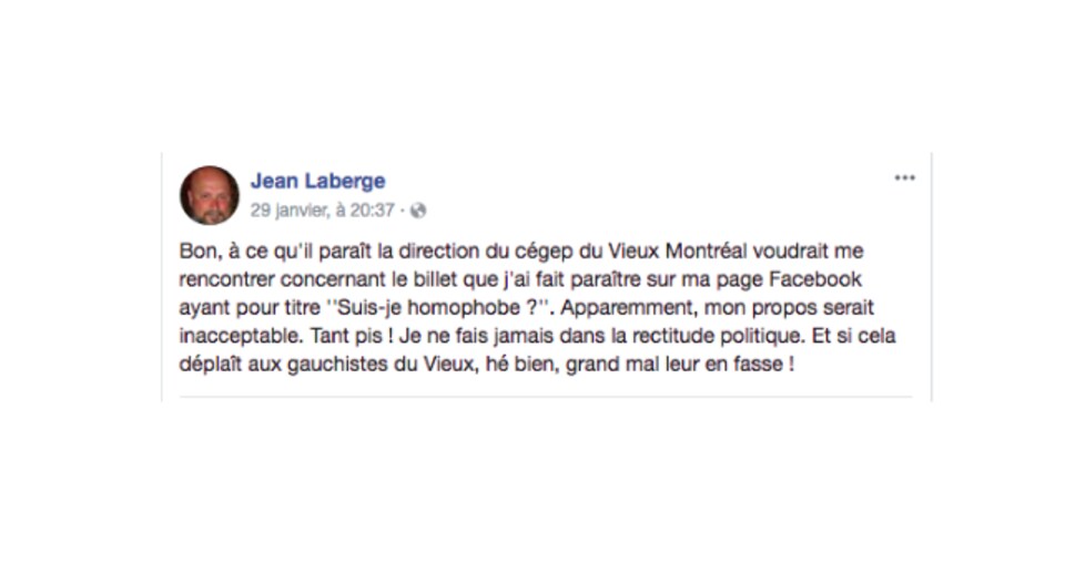 Publication de Jean Laberge sur sa page publique.