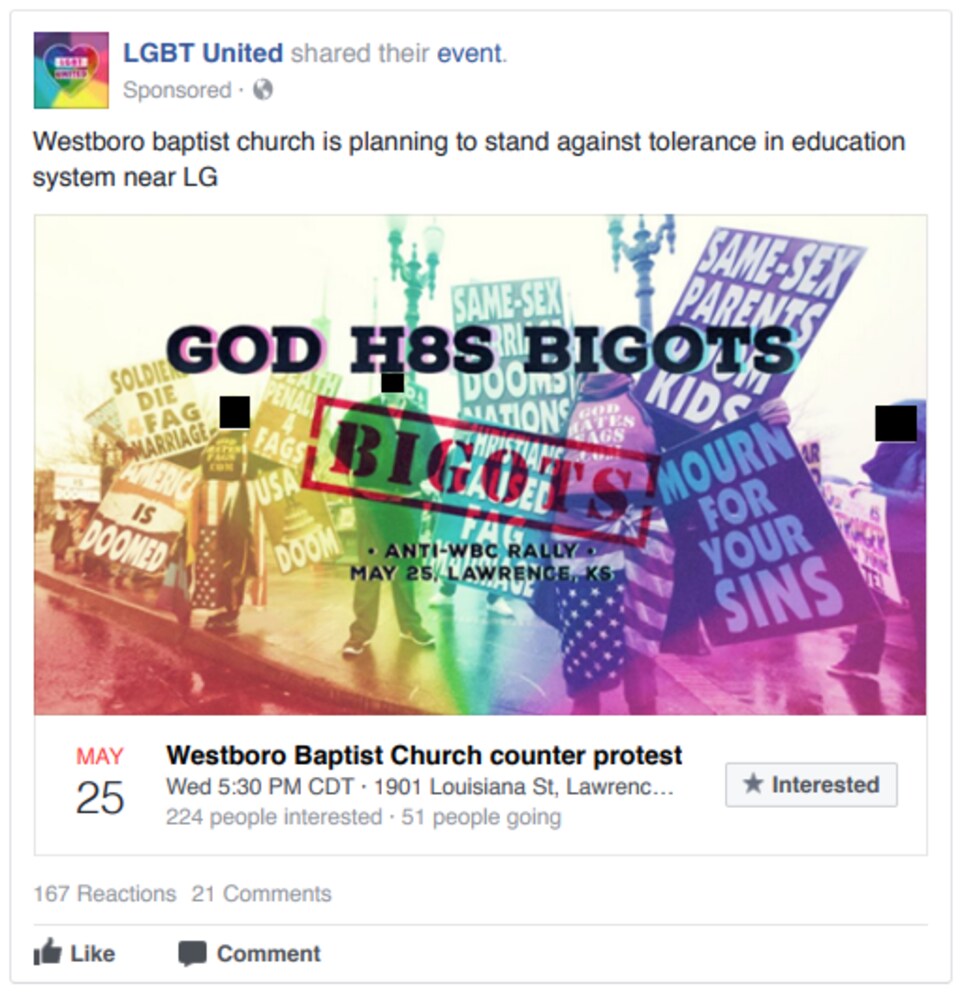 La publication met de l'avant un événement où des membres de la communauté LGBT manifesteront contre la Westboro Baptist Church, une secte bien connue pour ses positions extrêmes envers la communauté gaie.