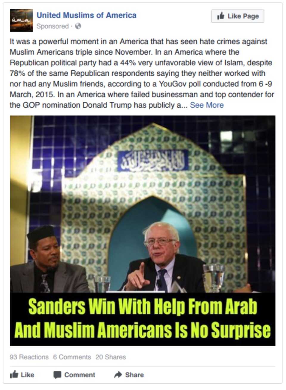 La publication explique que « Sanders gagnera sans surprise, avec l'aide des musulmans et des Arabes aux États-Unis ».