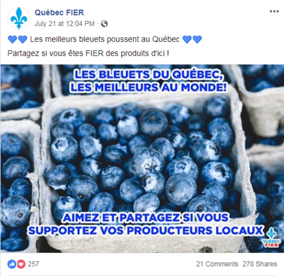 La publication contient une image de bleuets. « Les meilleurs bleuets poussent au Québec. Partagez si vous êtes fier des produits d'ici », est-il écrit.