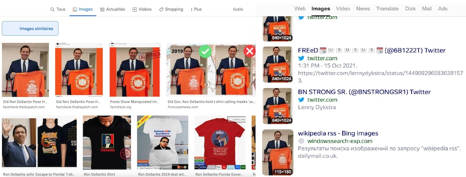 Des résultats de recherche d'image inversée montrés à l'écran d'un ordinateur, en utilisant l'exemple d'une photo trafiquée du gouverneur Ron DeSantis qui tient un t-shirt de couleur orange.