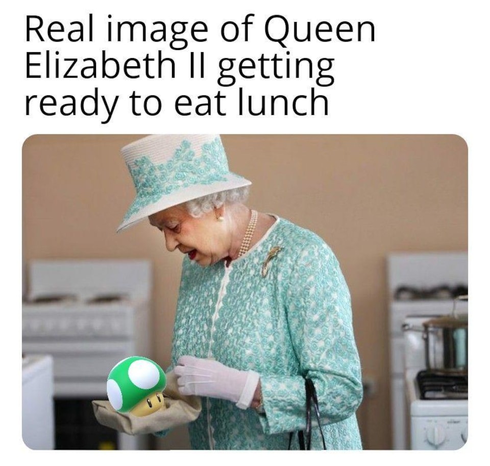 La reine s'apprête à manger un champignon vert, une vie dans les populaires jeux vidéo de Mario. 