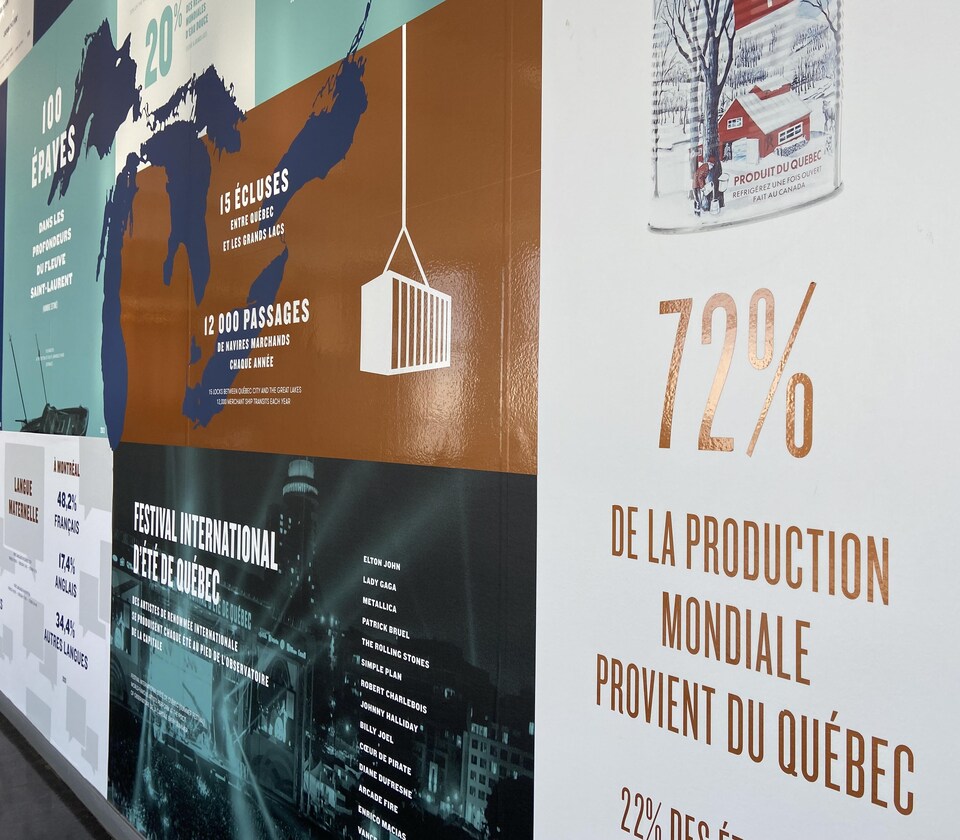 Un panneau explicatif mentionnant que 72% de la production mondiale de sirop d'érable provient du Québec. 