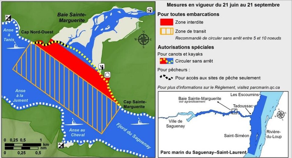 Carte de la zone d'exclusion des embarcations dans la baie Sainte-Marguerite, à Saguenay