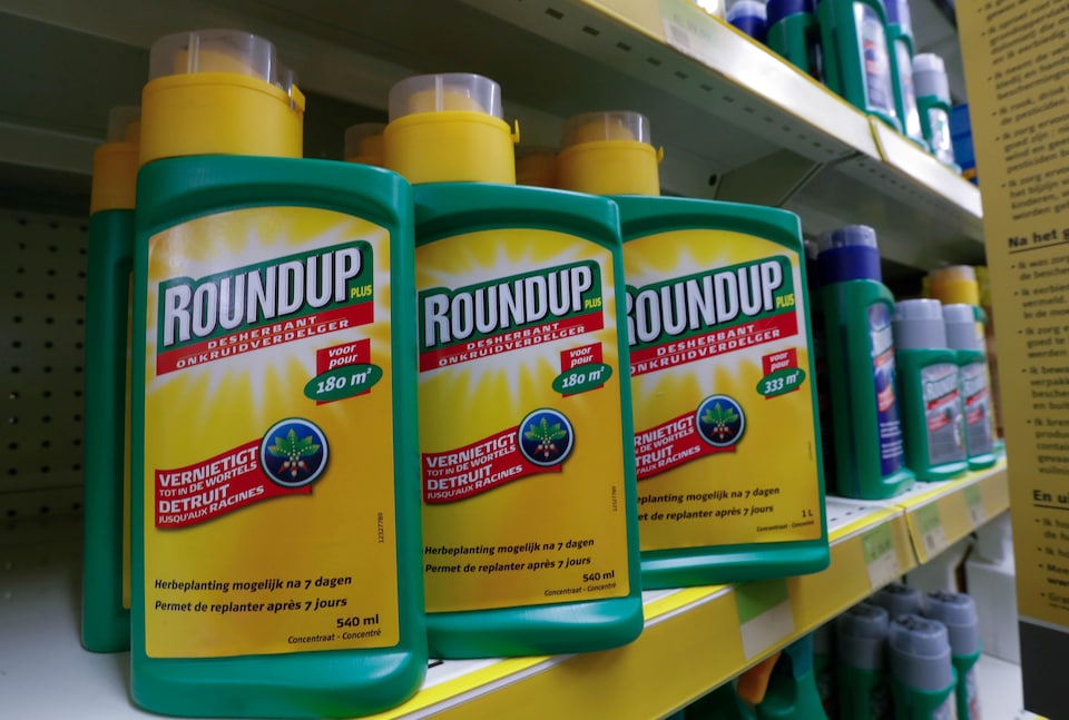 Des contenants du pesticide Roundup sur une tablette de magasin