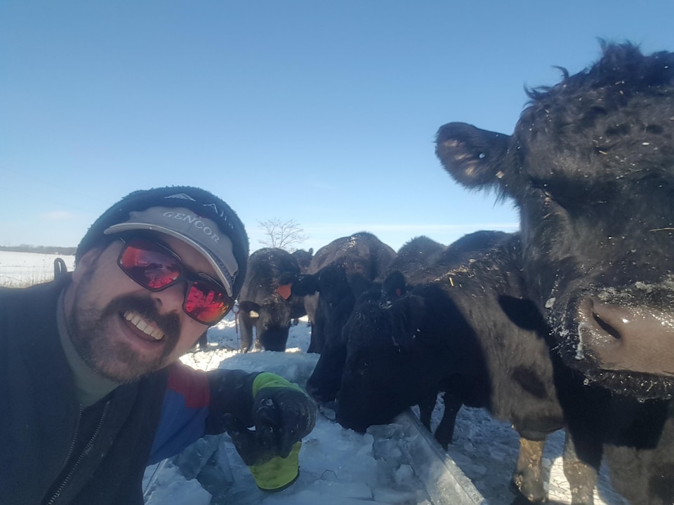 Un homme se photographie à côté de plusieurs vaches. 