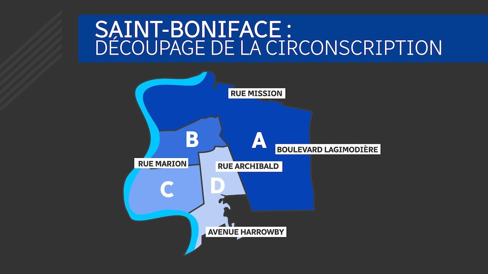 La carte de Saint-Boniface : au nord, la rue Mission, à l'est, le boulevard Lagimodière, au sud, l'avenue Harrowby, à l'ouest, la rivière Rouge. Au centre on voit aussi les rues Marions et Archibald.